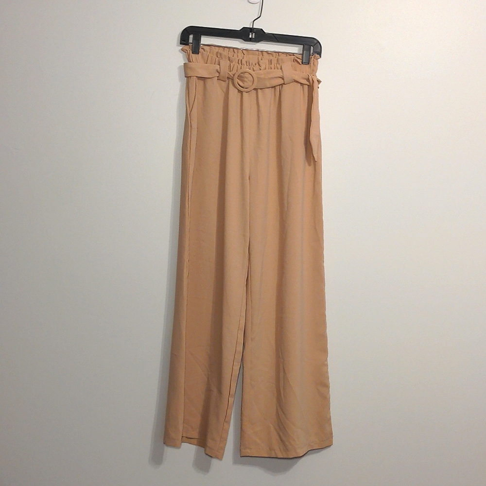 Tan women's paper bag high waisted pant wide leg